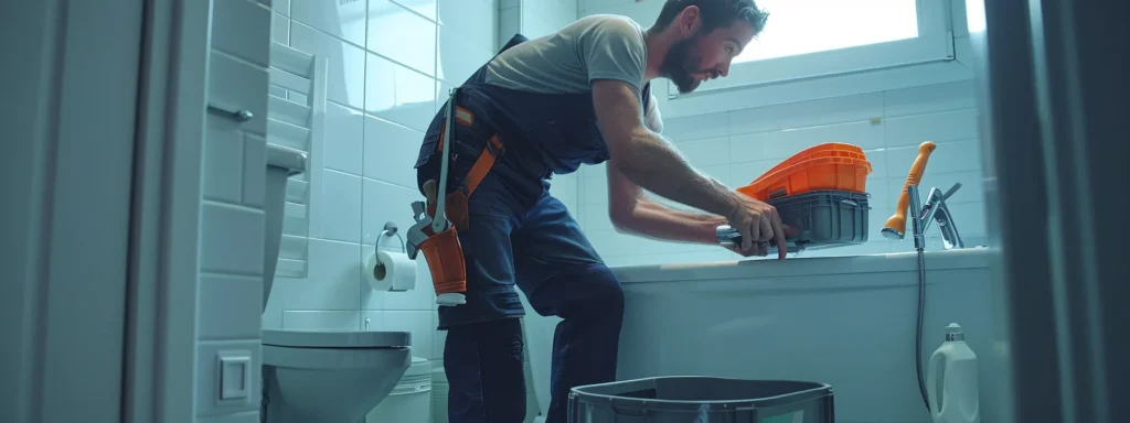 a professional plumber in overalls, holding a toolbox, confidently inspecting a clogged drain in a tidy bathroom setting.