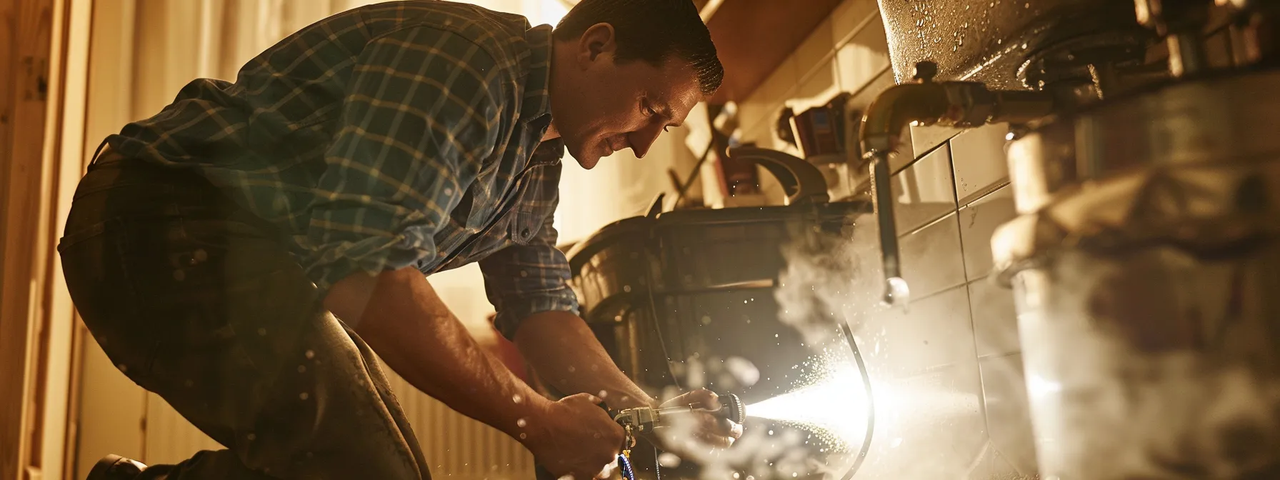 a professional plumber using high-tech equipment to clear a clogged drain in a local home.