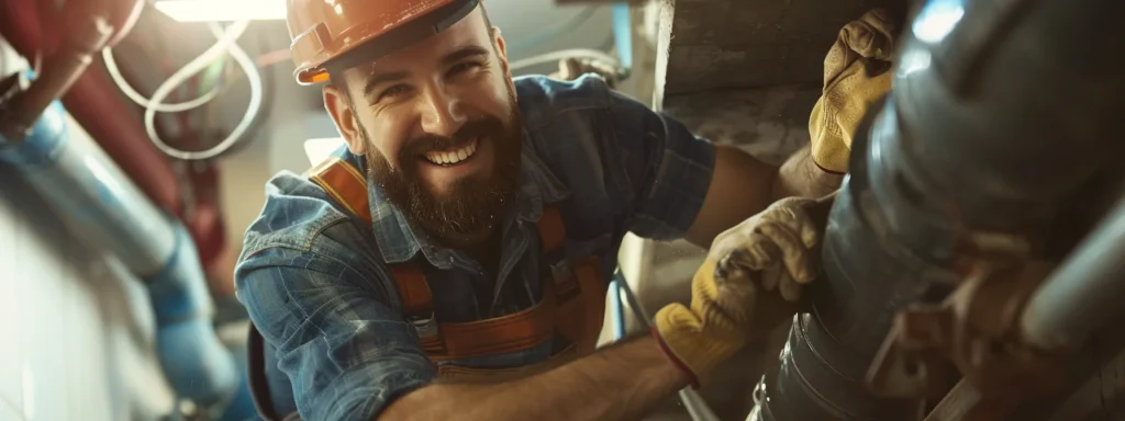 a smiling local plumber in uniform clearing a drain with specialized tools, showcasing expertise and personalized service in supporting the community through local services.