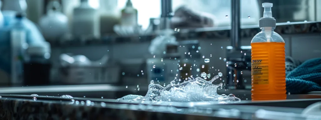 a blurry, overflowing sink with a spilled chemical drain cleaner bottle in the foreground, showcasing the risks of diy drain cleaning methods.