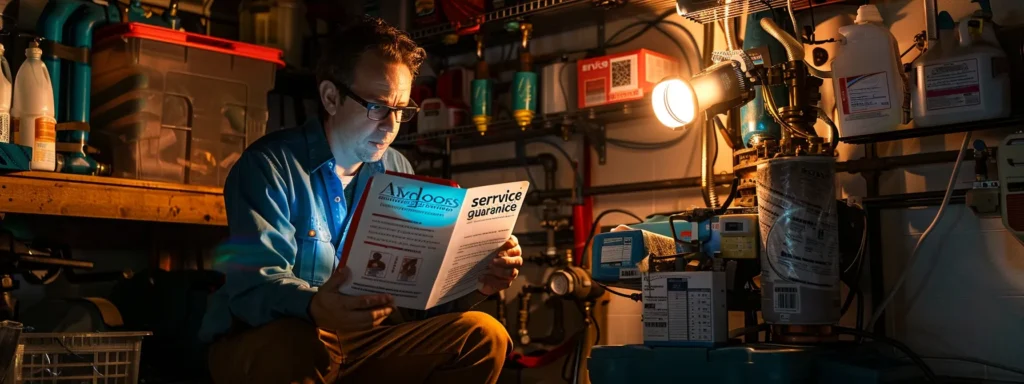 a homeowner examining a folder of credentials and testimonials, surrounded by various drain cleaning equipment, with a brightly lit