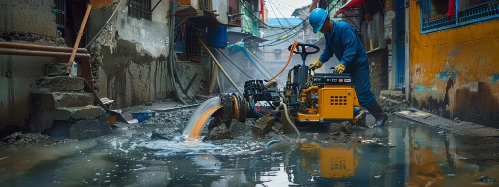 a local drain cleaning expert in action, using advanced equipment to efficiently clear a clogged drain, with a background showing a community setting to highlight the support for local services.