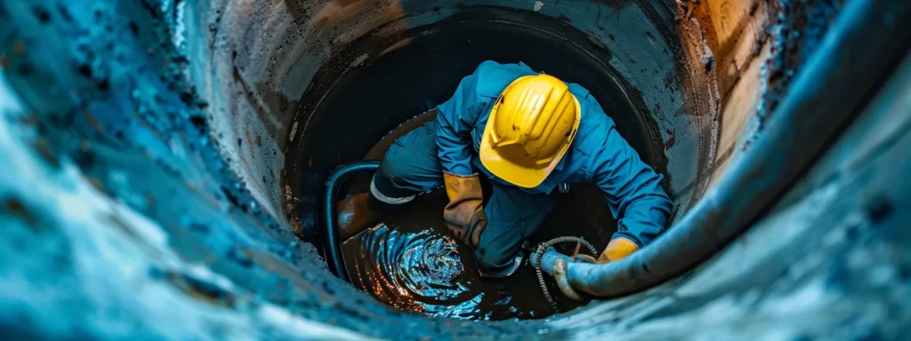 a local drain cleaning expert skillfully resolving a persistent drain issue, with satisfied customers in the background and a visibly enhanced home value.