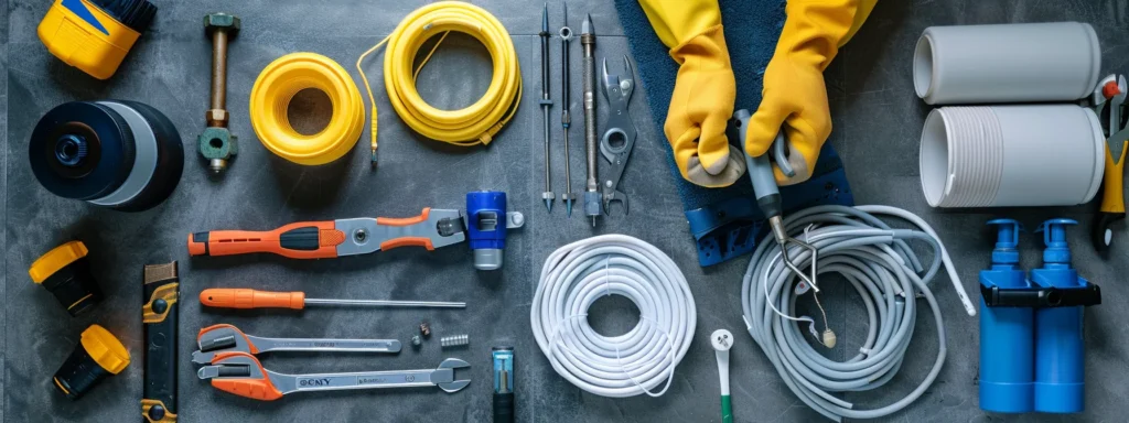 a professional plumber confidently inspecting a clean and well-maintained drain with tools in hand, surrounded by neatly organized drain cleaning equipment and supplies.