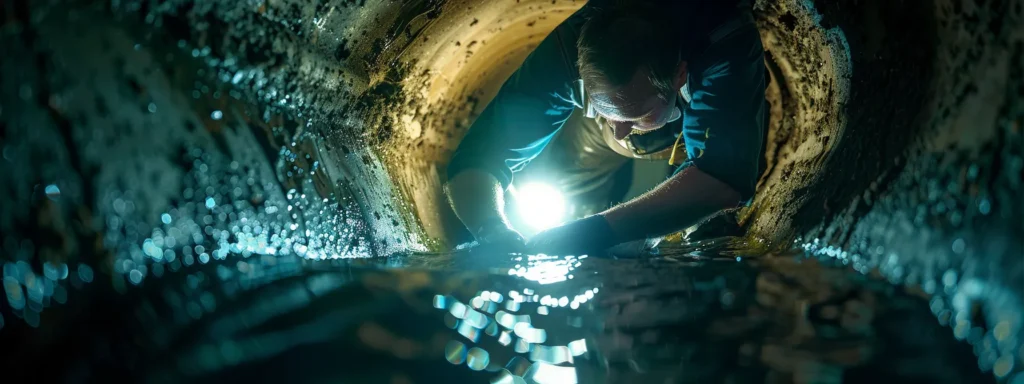 a local drain cleaning professional inspecting a grimy, clogged drain with a high-tech camera, ensuring precision and efficiency in diagnosing the issue.