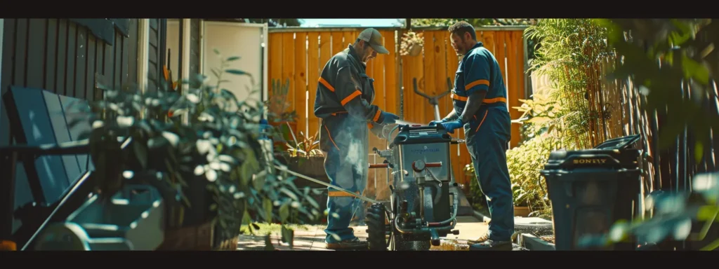 a local drain cleaning professional in coveralls confidently using a high-powered drain cleaning machine while a grateful homeowner looks on with relief and trust.