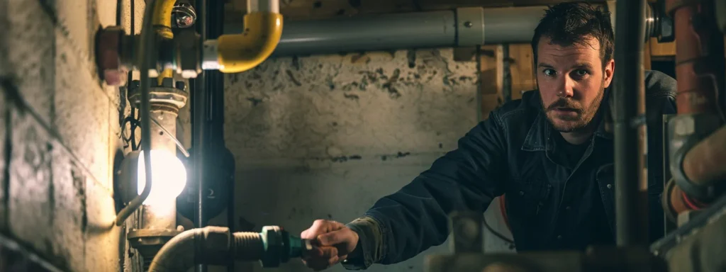 a local plumber expertly navigating a maze of pipes in a dimly lit basement, armed with a specialized drain cleaning tool and a focused gaze.