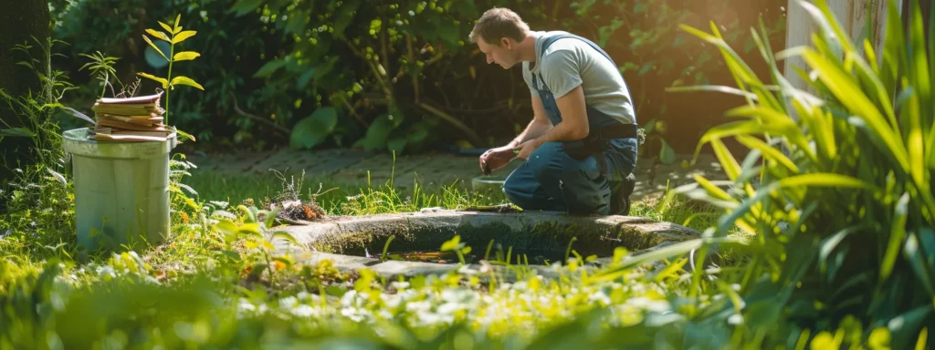 a plumber inspecting a well-maintained septic tank on a sunny day, surrounded by lush greenery, with a stack of coupons for discounted services beside them.