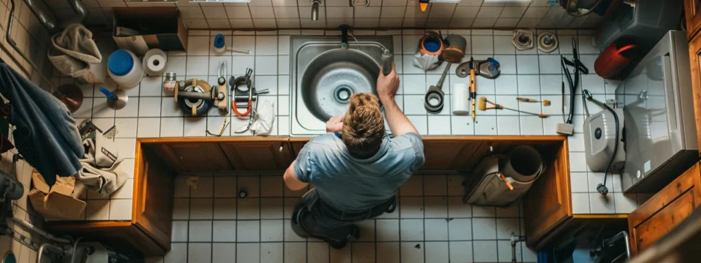 a plumber using specialized tools to clear a clogged drain, surrounded by various plumbing equipment and tools.