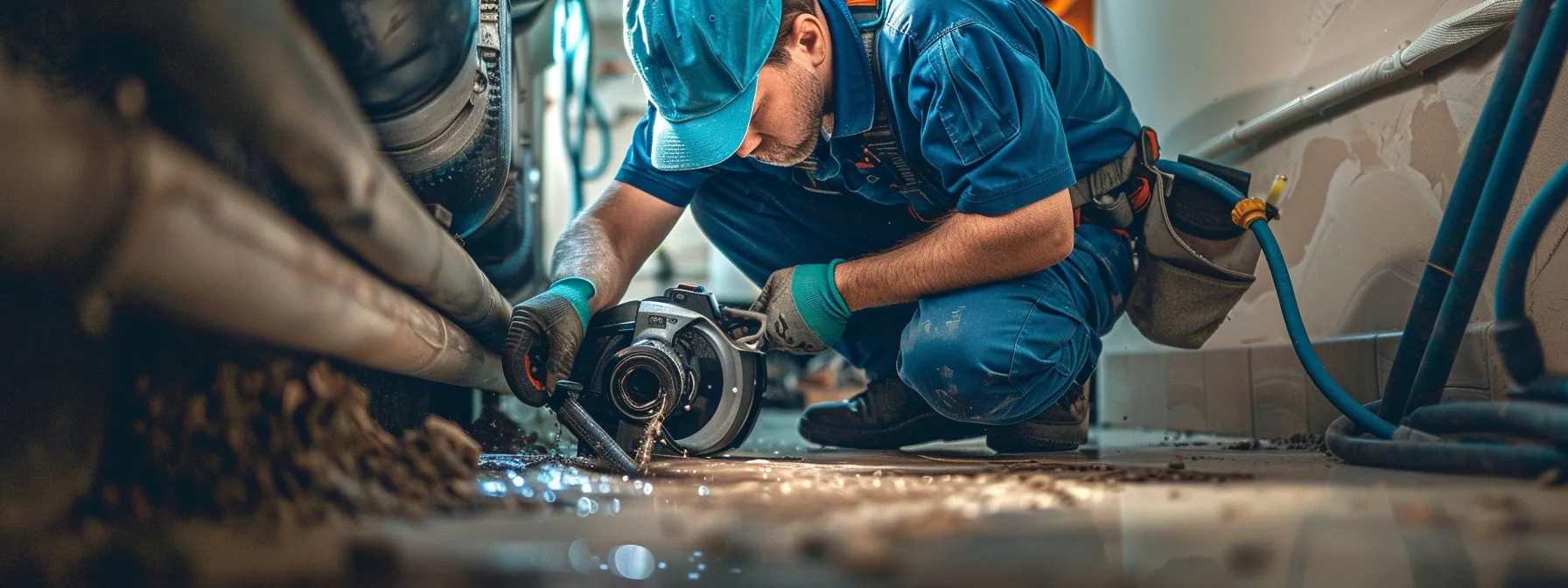 a skilled plumber in blue overalls meticulously clearing a clogged drain with specialized tools.