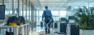 a clean, modern office environment showcases a professional technician in action, with advanced drain cleaning equipment prominently displayed, conveying expertise and precision in commercial plumbing services.