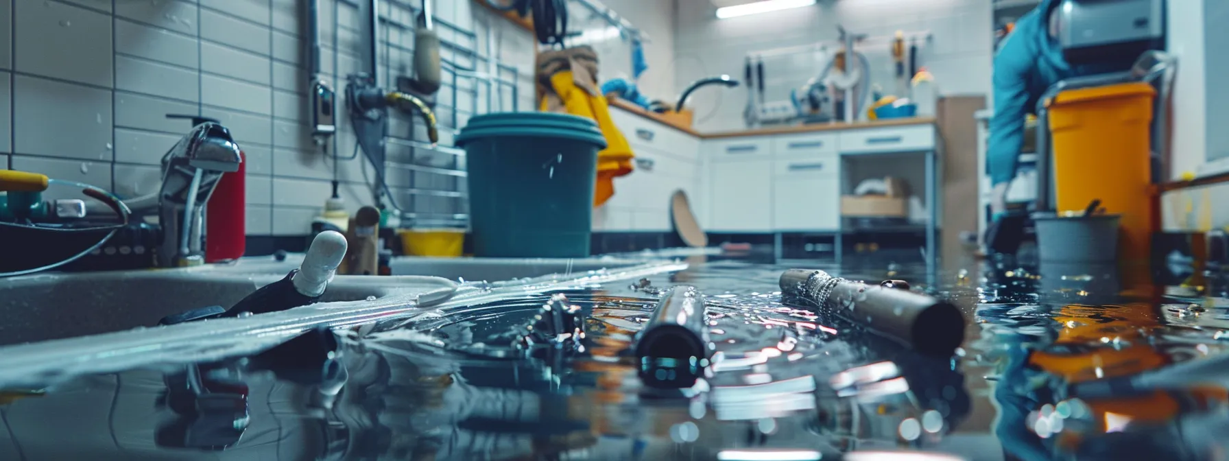 a close-up view of a professionally equipped plumber inspecting a drain in a modern urban kitchen, surrounded by tools and water stains, emphasizes the urgent need for emergency drain unblocking.