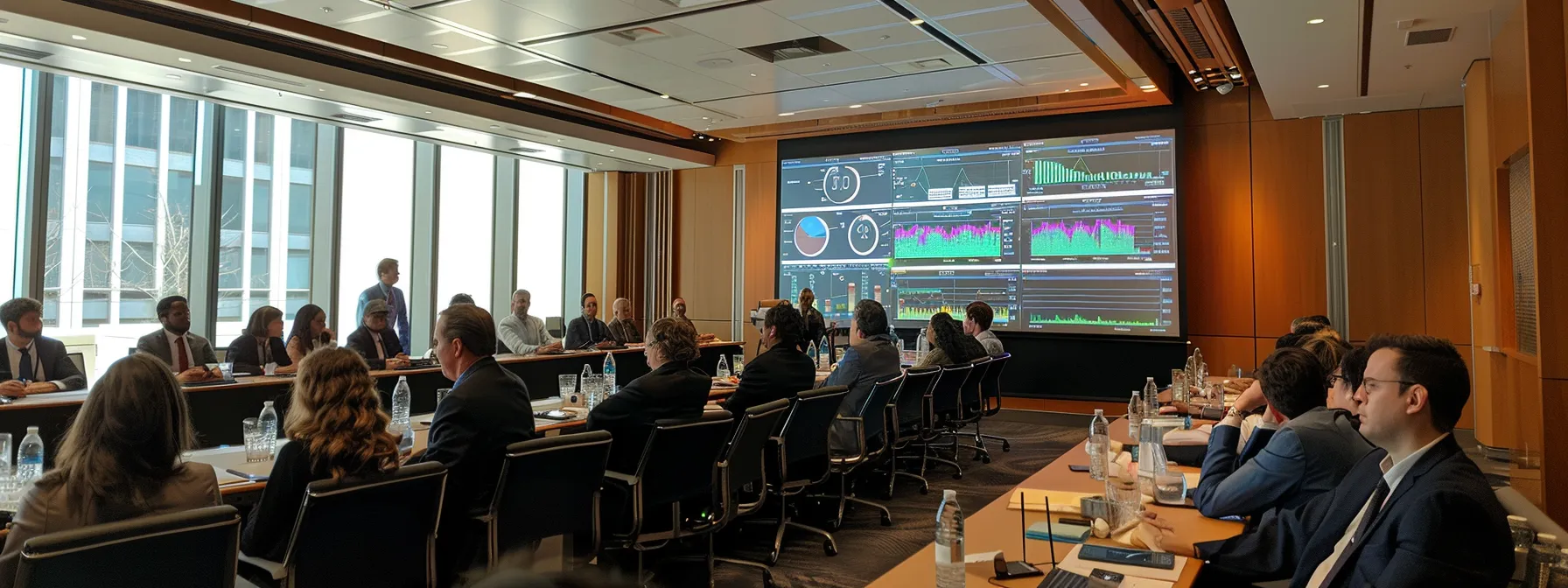 a focused corporate meeting room showcases a diverse team engaged in an intense discussion over drain cleaning service options, with a large screen displaying analytics and testimonials illuminating the importance of informed decision-making.