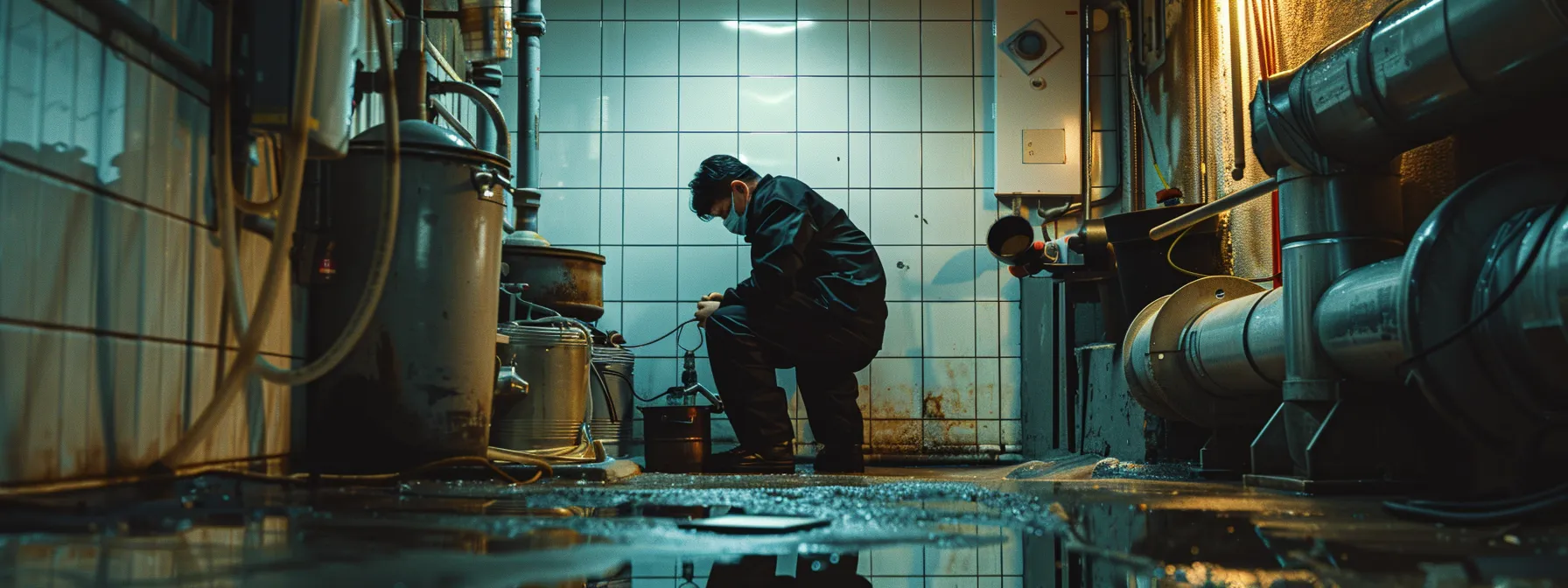 a focused technician in a modern, well-lit urban plumbing facility expertly operates specialized equipment to unclog a drain, highlighting the urgency and professionalism of 24-hour emergency drain unblocking services.