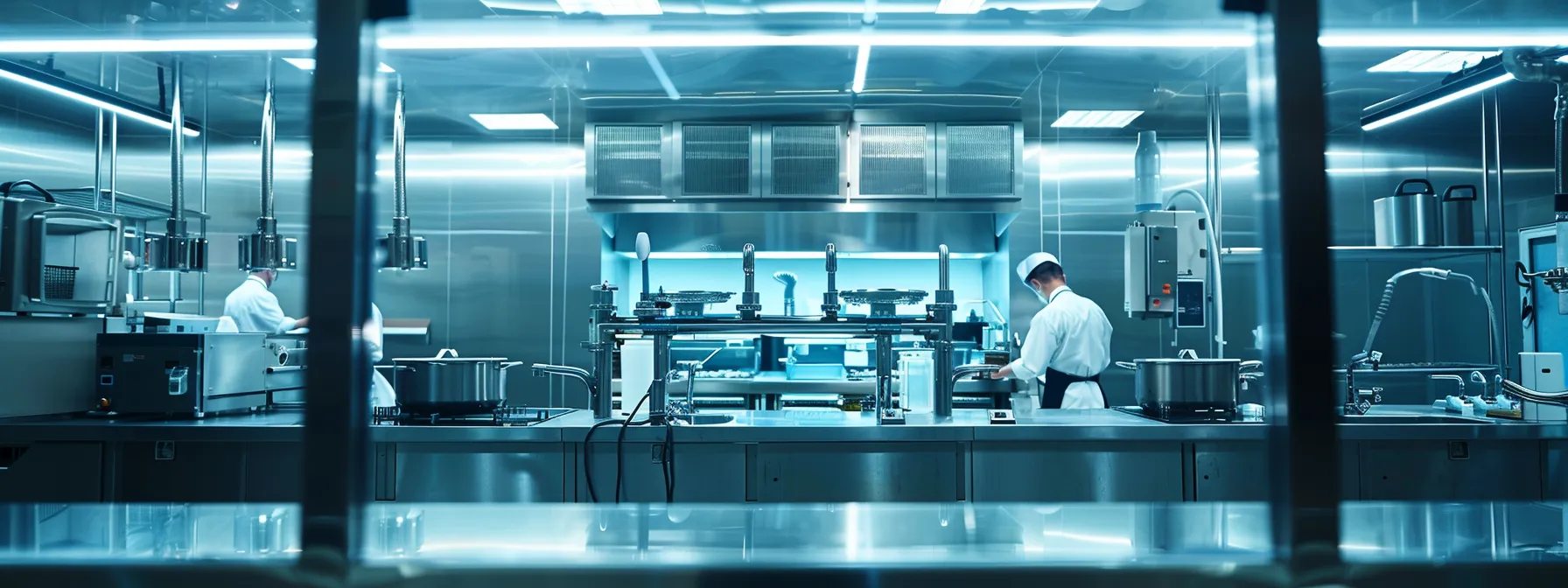 a modern commercial kitchen with gleaming stainless steel fixtures and a focus on professional drain cleaning equipment, illuminated by bright overhead lights, showcasing a technician inspecting pipes with a high-tech camera, emphasizing the importance of effective maintenance.