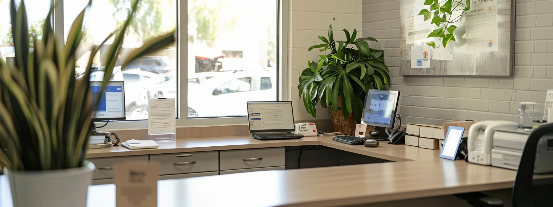 a modern, well-lit emergency plumbing office features a sleek desk with a phone ready for urgent calls, showcasing a digital display of services offered, exuding confidence and professionalism in drain cleaning solutions.