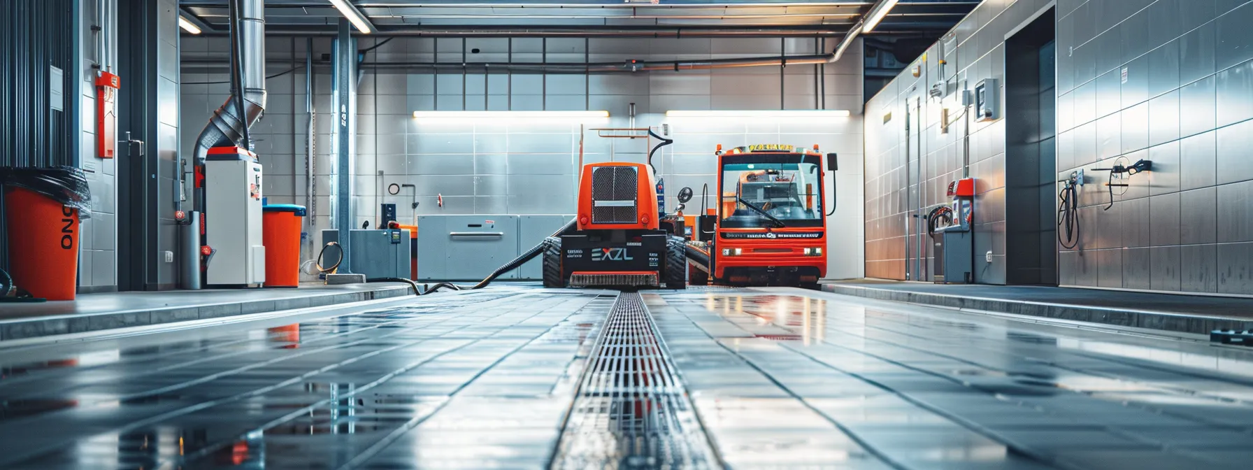 a modern, well-equipped commercial cleaning service station showcases advanced drain cleaning technology, with sleek machinery and tools arranged neatly on stainless steel surfaces, emphasizing efficiency and professionalism in urban infrastructure maintenance.