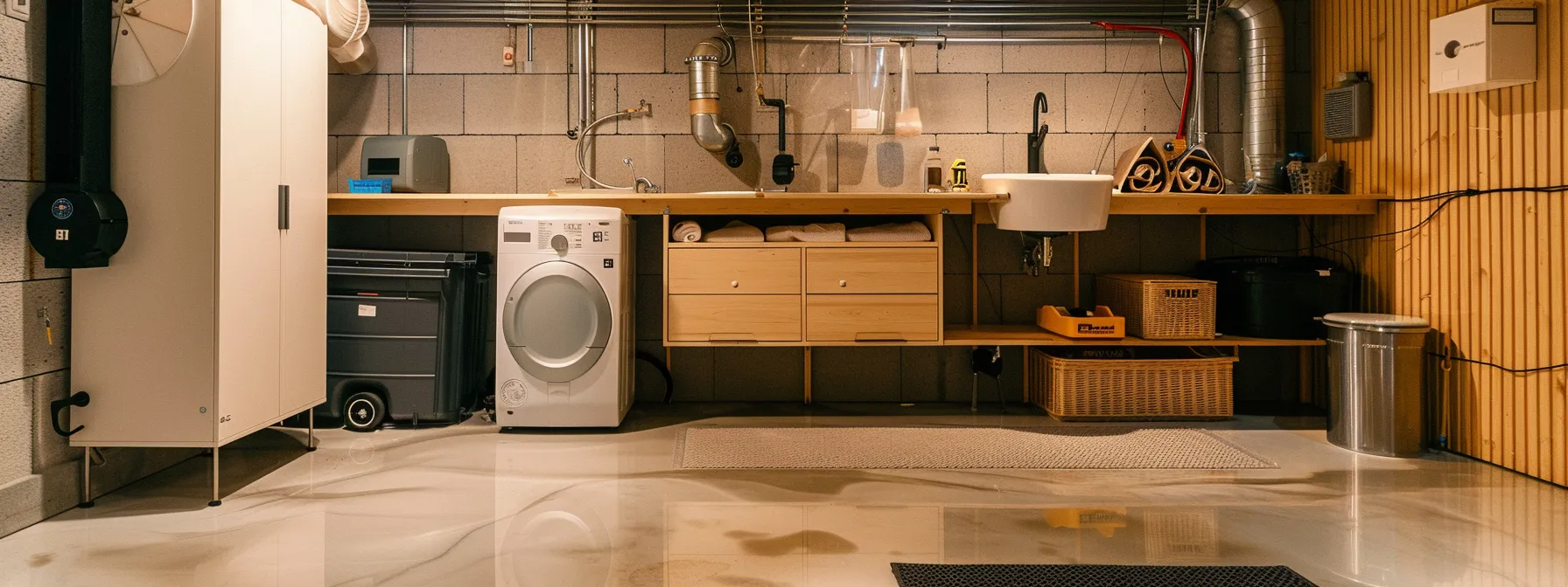 a modern, well-equipped basement utility room showcases a sparkling clean sump pump and neatly organized drain cleaning tools, emphasizing the importance of regular maintenance and preparedness in managing household drainage systems.