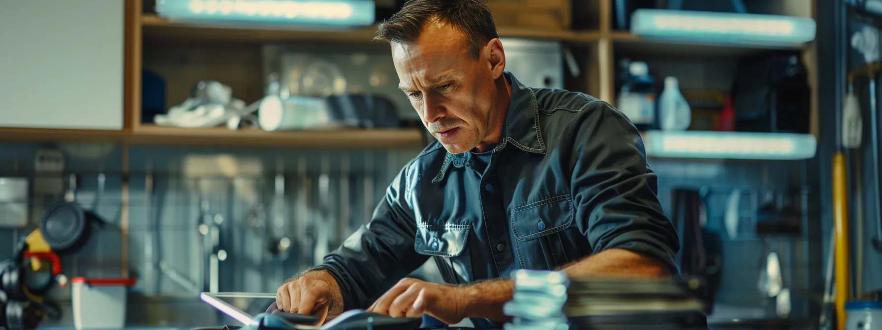 a professional plumber in a modern, sleek office environment analyzes urgent drain issue on a high-tech tablet, surrounded by plumbing tools and customer reviews, reflecting the importance of expertise and quick response in emergency situations.