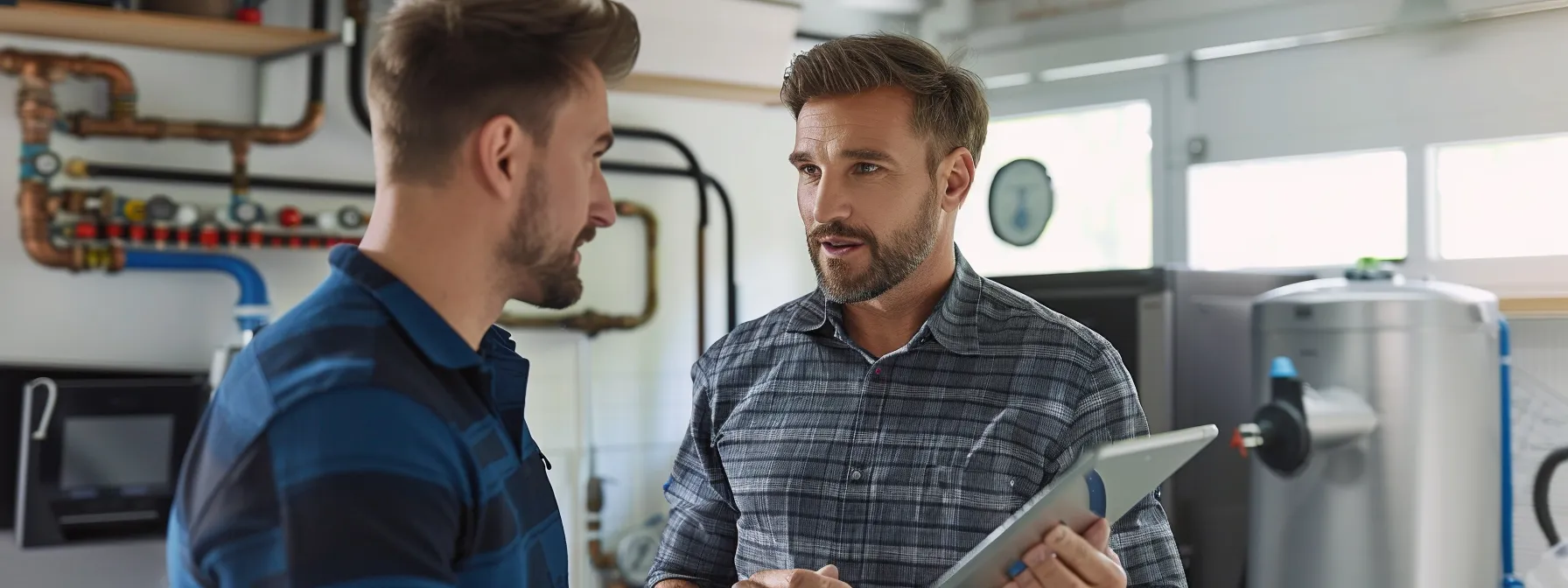 a professional plumber in a modern office setting discusses drain cleaning solutions with a business owner, showcasing a sleek tablet displaying transparent service options while surrounded by plumbing equipment and support documentation.