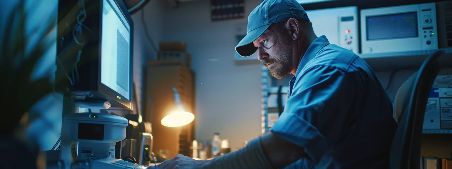 a professional plumber in a modern, well-lit office, expertly inspecting a high-tech video camera feed displaying a detailed view of a clogged drain, conveying a sense of urgency and expertise in 24-hour plumbing services.