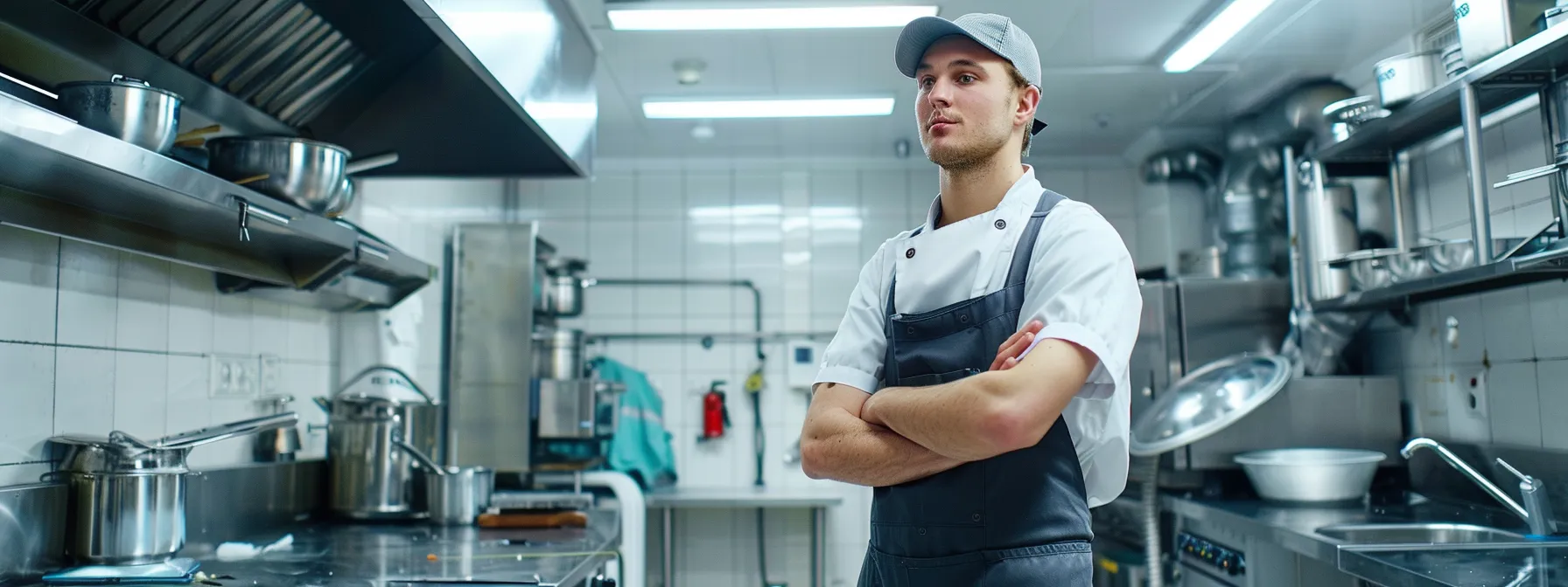 a professional plumbing technician expertly assesses a complex drain system in a bustling commercial kitchen, surrounded by essential tools and equipment, highlighting the importance of reliable drain cleaning services for maintaining hygiene and efficiency.