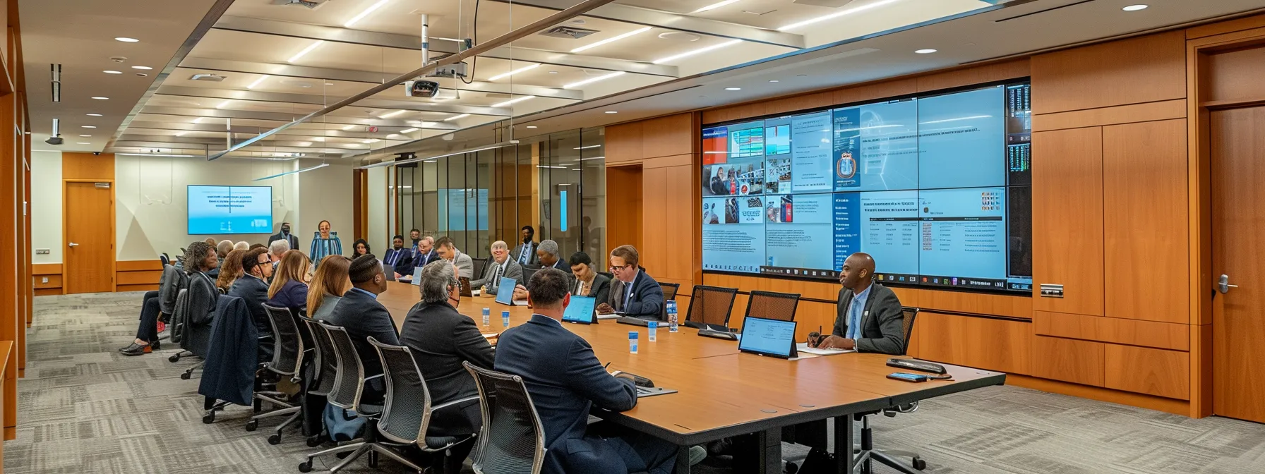 a sleek, modern office conference room is filled with diverse business professionals gathered around a large table, intently reviewing detailed quotes and pricing estimates for commercial drain cleaning services illuminated by bright overhead lights, highlighting their focused discussions on transparency and value.