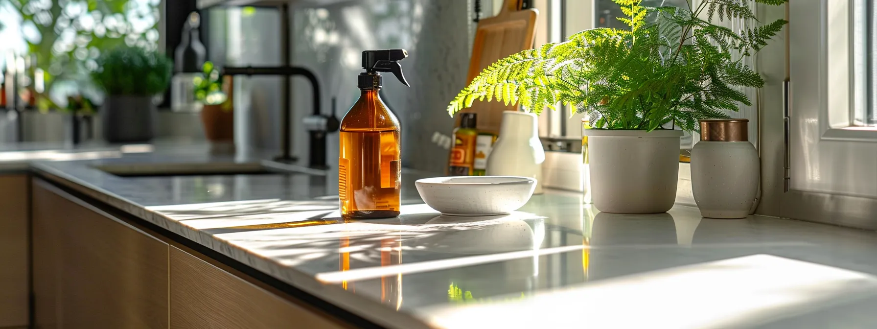 a bright and modern kitchen showcases a bottle of eco-friendly drain cleaner and a bowl of vinegar on a sleek countertop, emphasizing the benefits of non-toxic cleaning methods for a safer home and sustainable plumbing solutions.