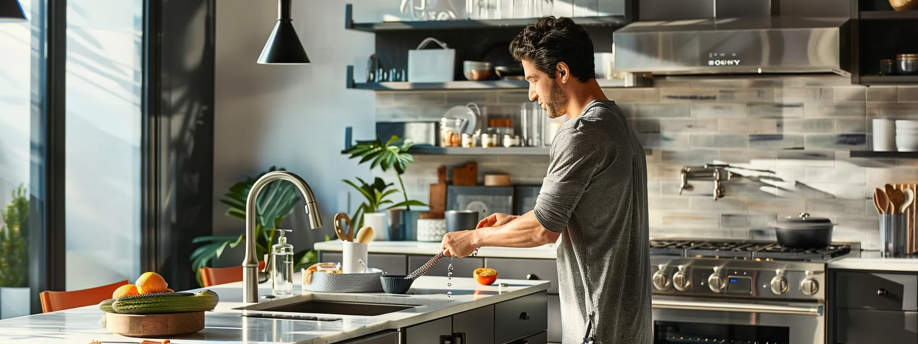a focused and dynamic scene in a modern kitchen showcases a homeowner effectively using a sleek manual drain snake to clear a stubborn clog, surrounded by gleaming stainless-steel appliances and an organized workspace, emphasizing a clean, chemical-free approach to drain maintenance.