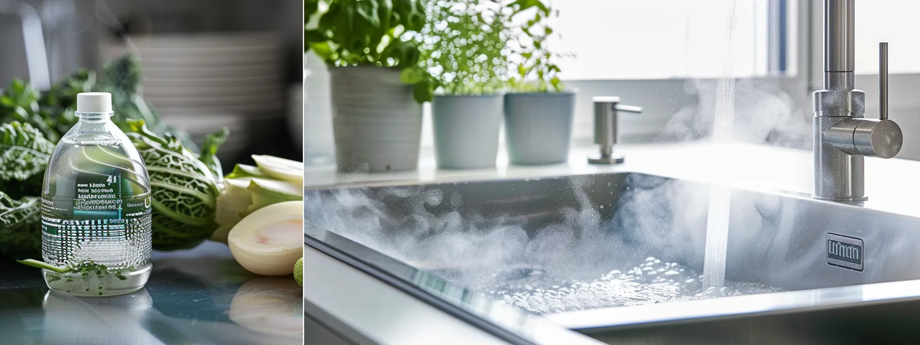 a modern kitchen featuring a sleek, stainless steel sink equipped with a visible mesh screen catching debris, alongside a bottle of eco-friendly drain cleaner and a steaming cup of hot water, emphasizing sustainable drain habits for plumbing health.