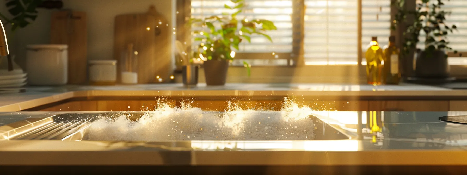 a modern kitchen setting showcases a gleaming sink filled with bubbling baking soda and vinegar, while eco-friendly cleaning tools like a plunger and enzyme cleaner rest nearby, emphasizing efficient and environmentally-conscious drain cleaning solutions.