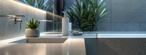 a modern, minimalist bathroom featuring an eco-friendly drain cleaning product prominently displayed on a sleek countertop, with polished metal fixtures reflecting soft, ambient lighting that emphasizes cleanliness and sustainability.