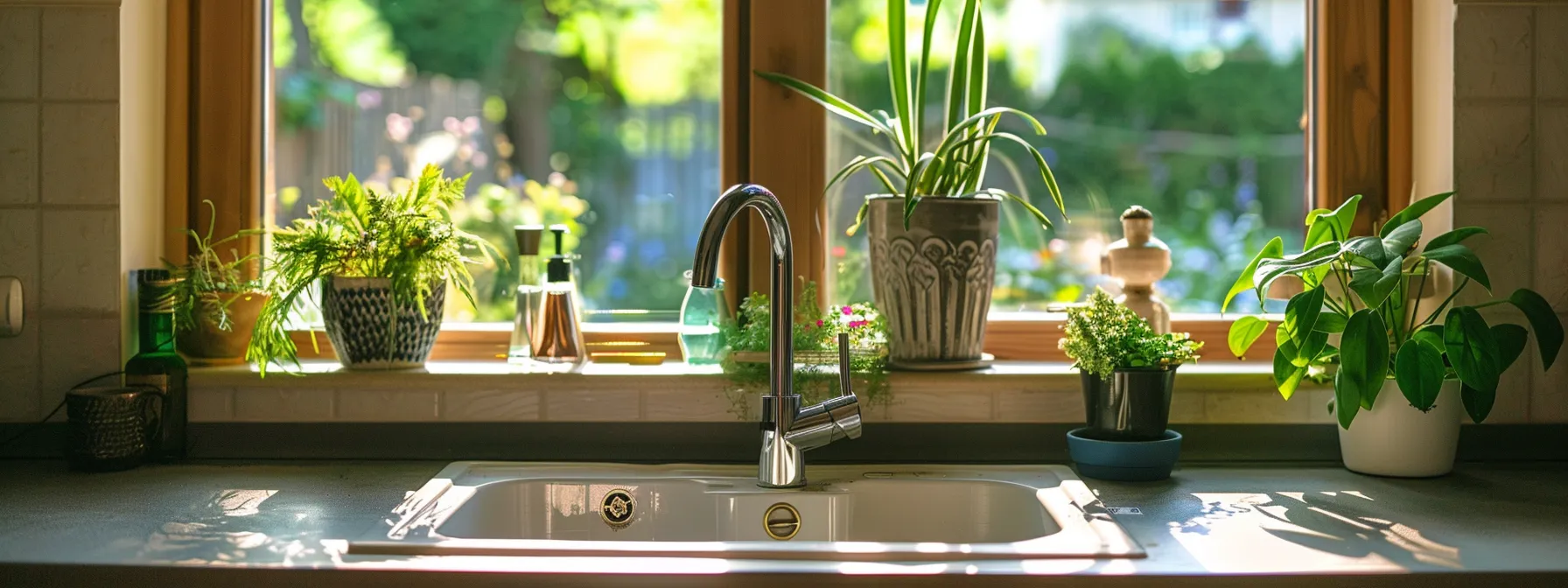 a modern, sleek kitchen showcases a sparkling clean sink where a non-toxic drain cleaning solution is prominently displayed, emphasizing eco-friendly choices and sustainable home care.