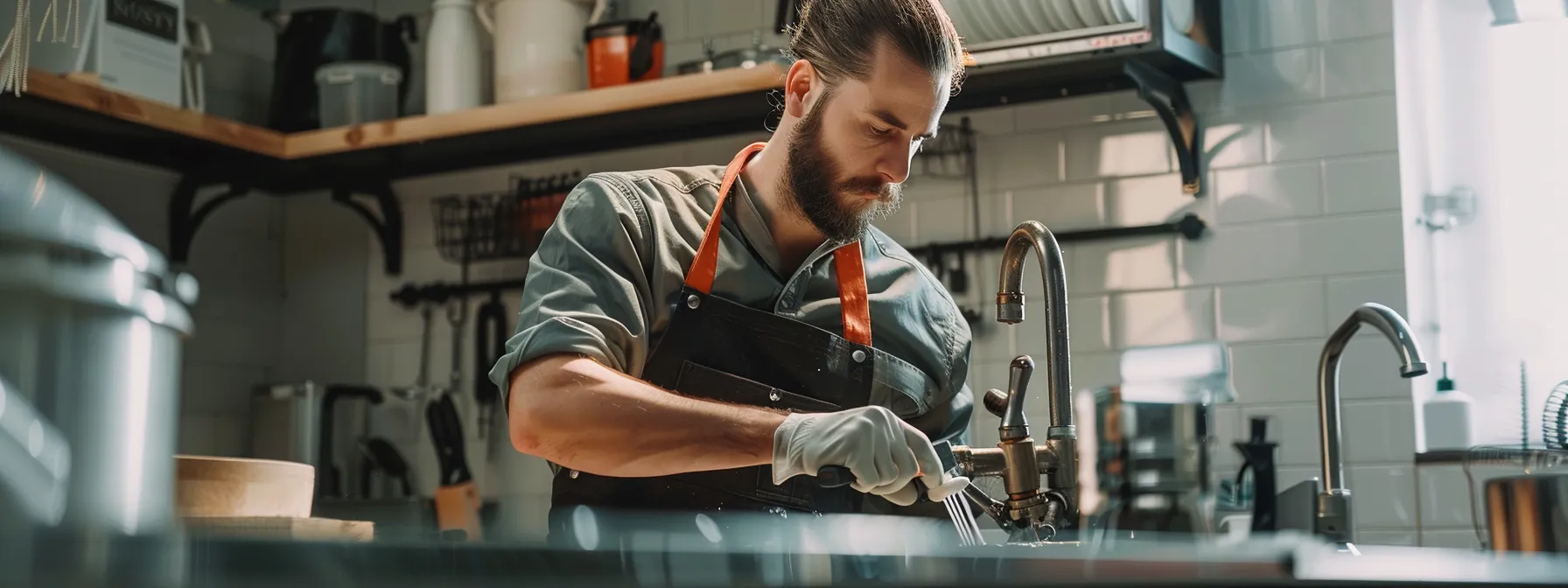 a professional plumber, equipped with eco-friendly tools and a sleek hydro-jetting machine, confidently inspects a modern urban home’s plumbing system within a bright, organized workspace, highlighting the commitment to sustainable drain cleaning solutions.