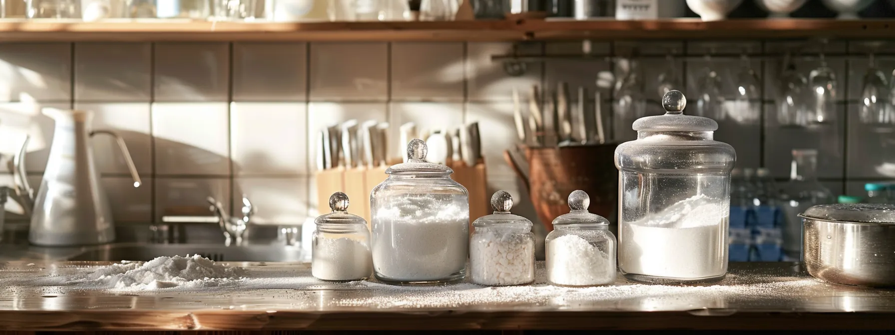 a sleek, modern kitchen countertop is filled with clear glass containers of baking soda, vinegar, and salt, alongside a strikingly presented boiling pot, all arranged to emphasize the effectiveness and simplicity of eco-friendly drain maintenance solutions.