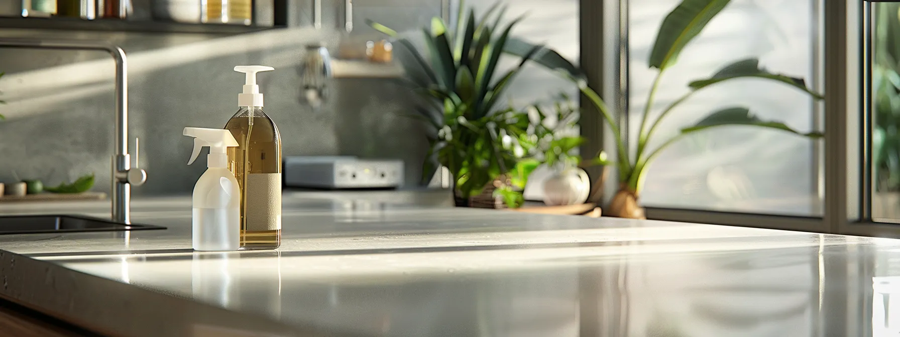 a sleek, modern kitchen features eco-friendly cleaning products prominently displayed on a polished countertop, symbolizing sustainable home maintenance practices and the commitment to reducing environmental impact.