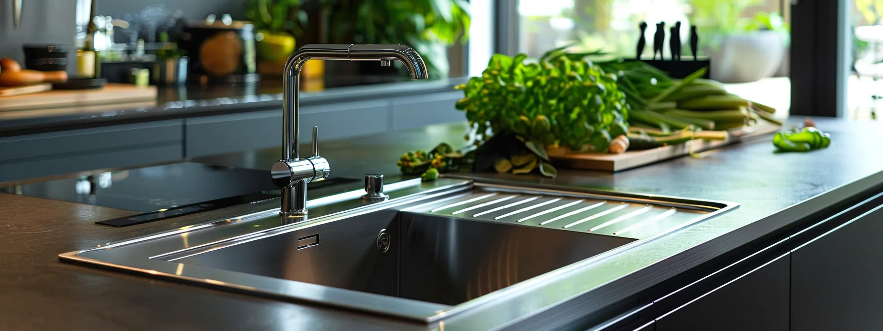 a sleek, modern kitchen showcases a sparkling clean sink with a stylish drain screen prominently in view, surrounded by eco-friendly cleaning tools, emphasizing the importance of preventative habits for maintaining clear drains.