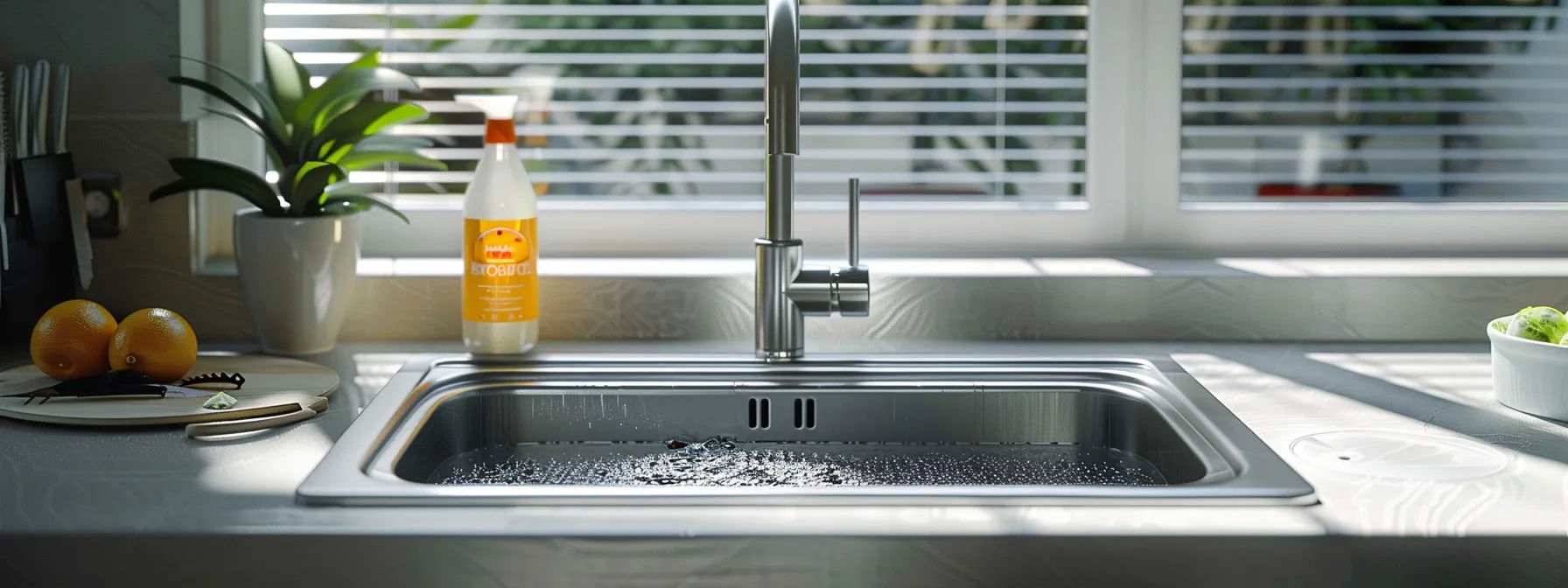 a sleek, modern kitchen sink area features a glistening drain with a bottle of vibrant enzyme cleaner prominently placed nearby, illuminated by bright overhead lighting that emphasizes the cleanliness and maintenance message.