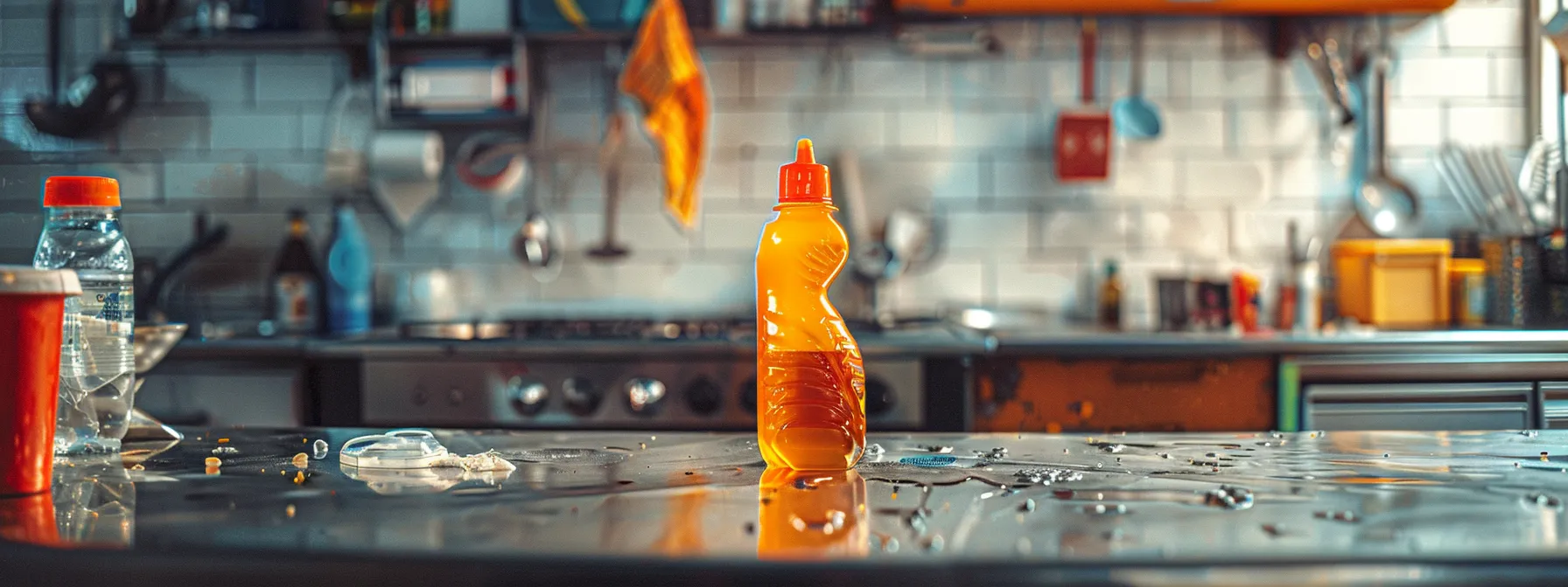 an industrial kitchen setting features a dramatic close-up of a toxic, brightly colored conventional drain cleaner bottle placed ominously on a stainless steel countertop, surrounded by visual elements depicting plumbing damage and cautionary symbols, emphasizing the harmful impact of chemical drain cleaners on both health and the environment.